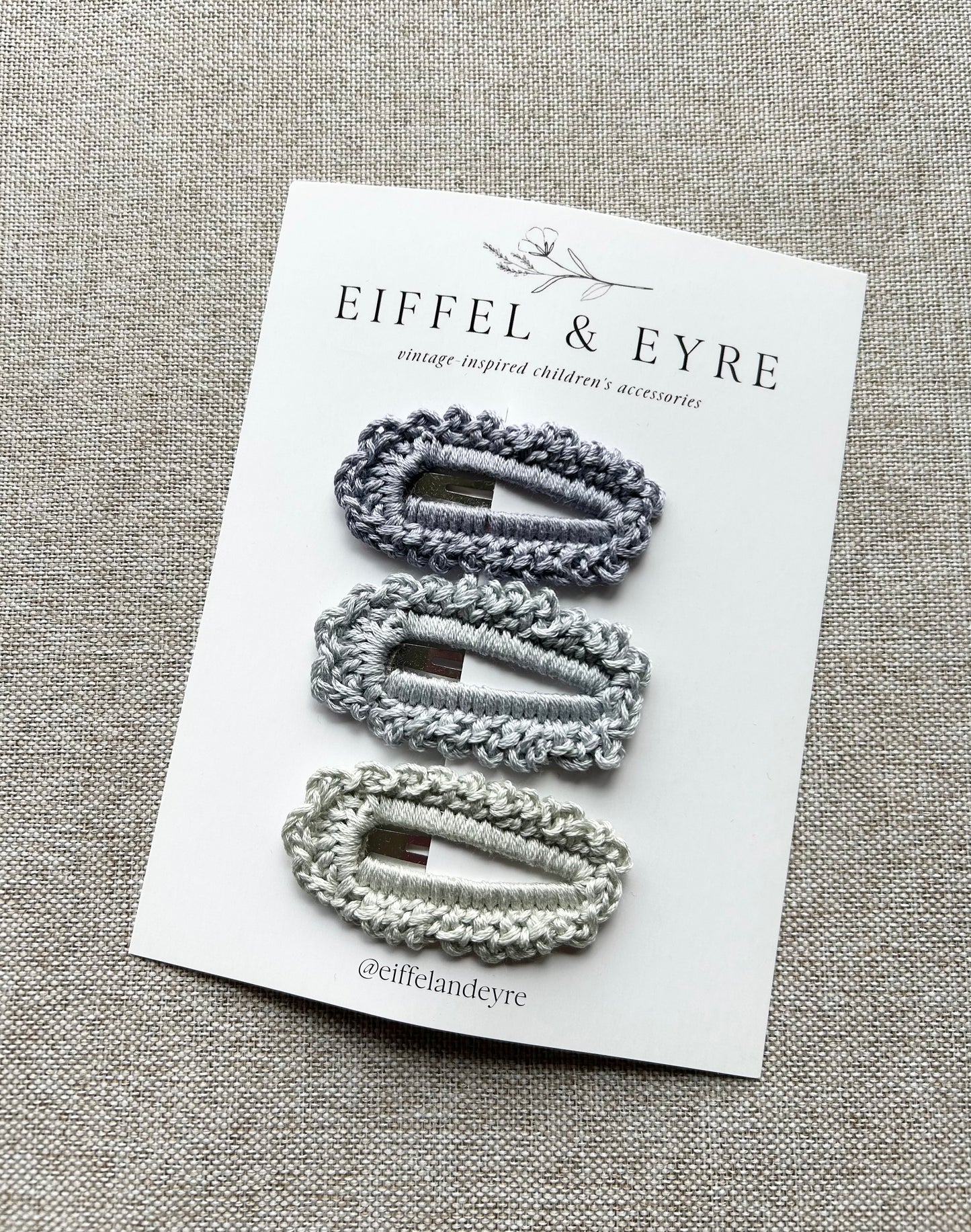 Eiffel & Eyre | Set of Three Crochet Snap Clips in Dusk, Fog & Mist