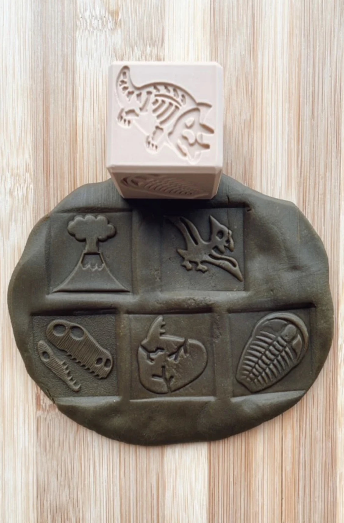 Sensory Mama Creations | Dinosaur Playdough + Kinetic Sand Stamper Cube
