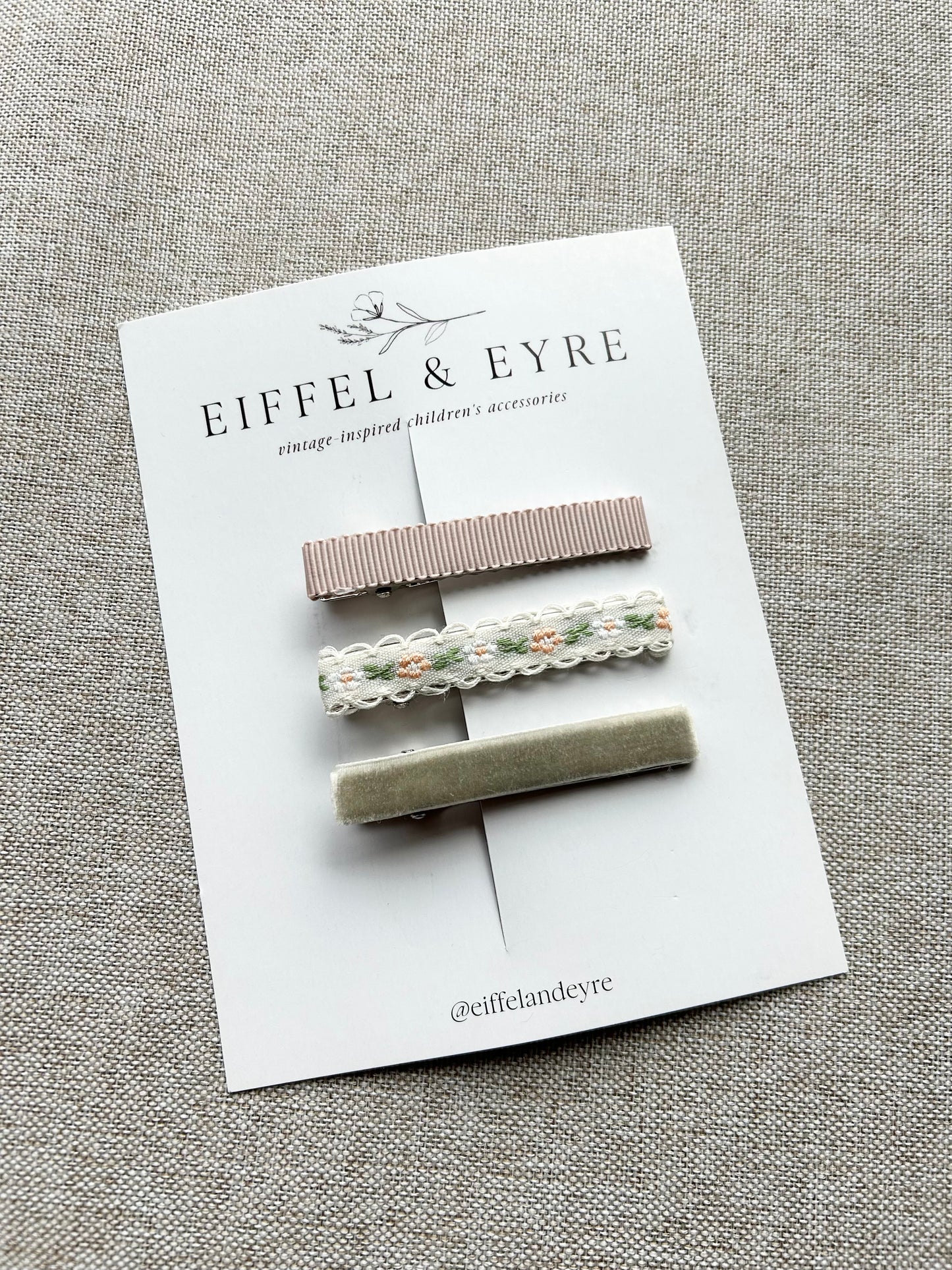 Eiffel & Eyre | Set of Three Ribbon Clips in Pistachio, Ivory Floral & Fawn