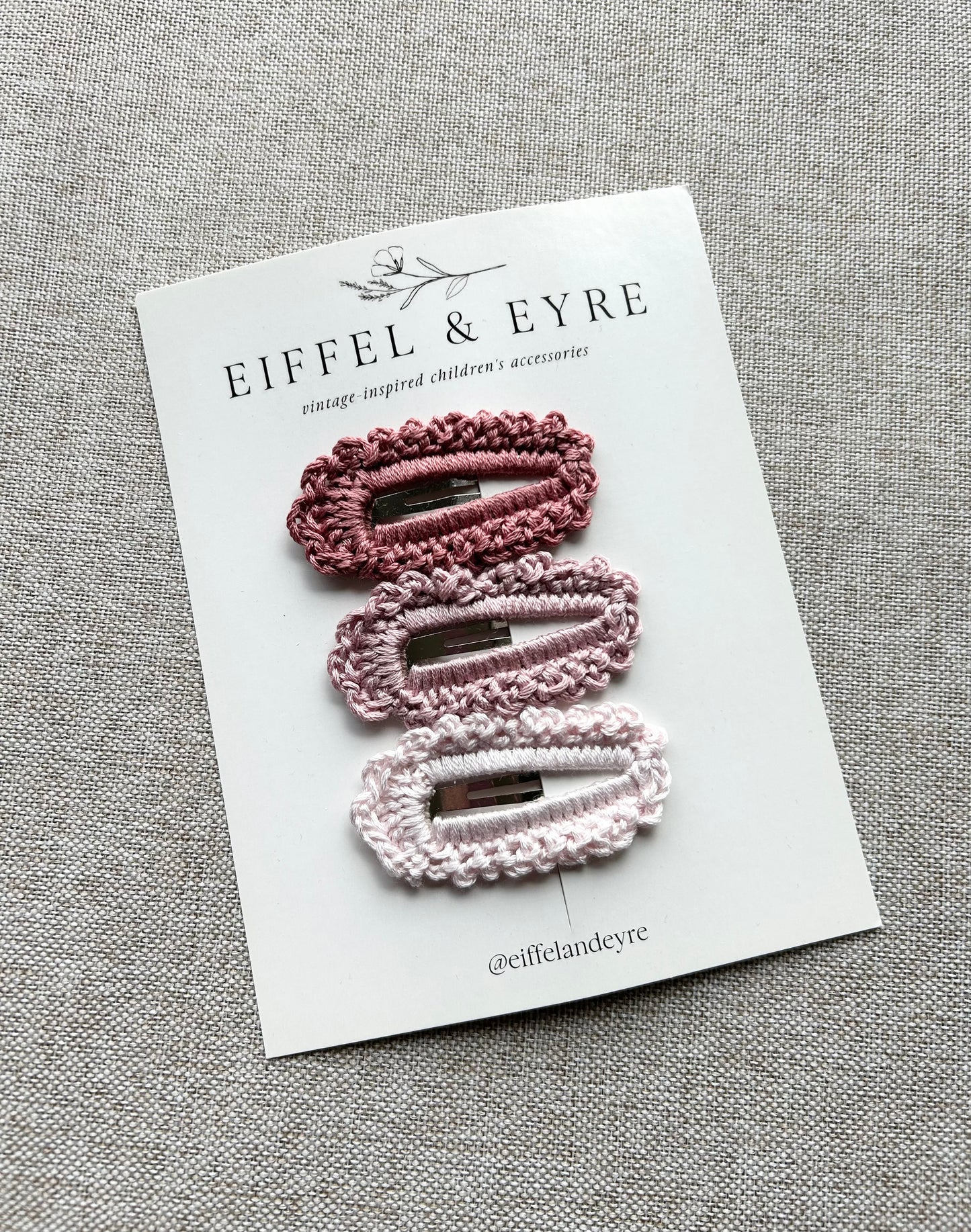 Eiffel & Eyre | Set of Three Crochet Snap Clips in Rhubarb, Sugar Plum & Pixie Dust