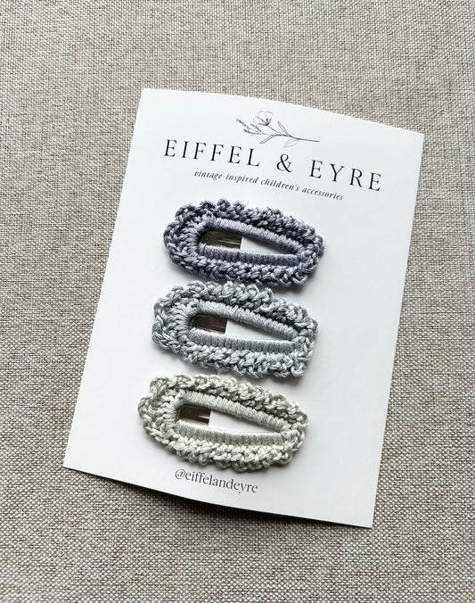 Eiffel & Eyre | Set of Three Crochet Snap Clips in Dusk, Fog & Mist